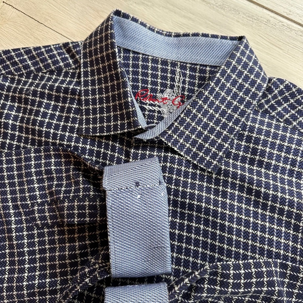 Robert Graham Mens Button Down Shirt‎ Navy Blue White Pattern Dressy Casual